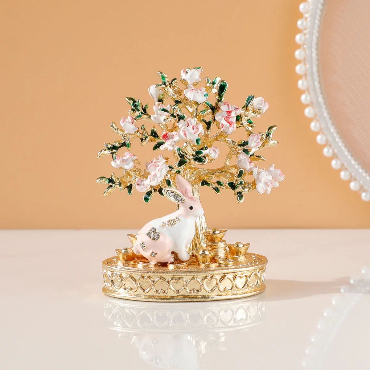 

Cherry Blossom Tree Crystal Hinged Jewelry Box Little White Rabbit Necklace Earrings Nail Ring Box