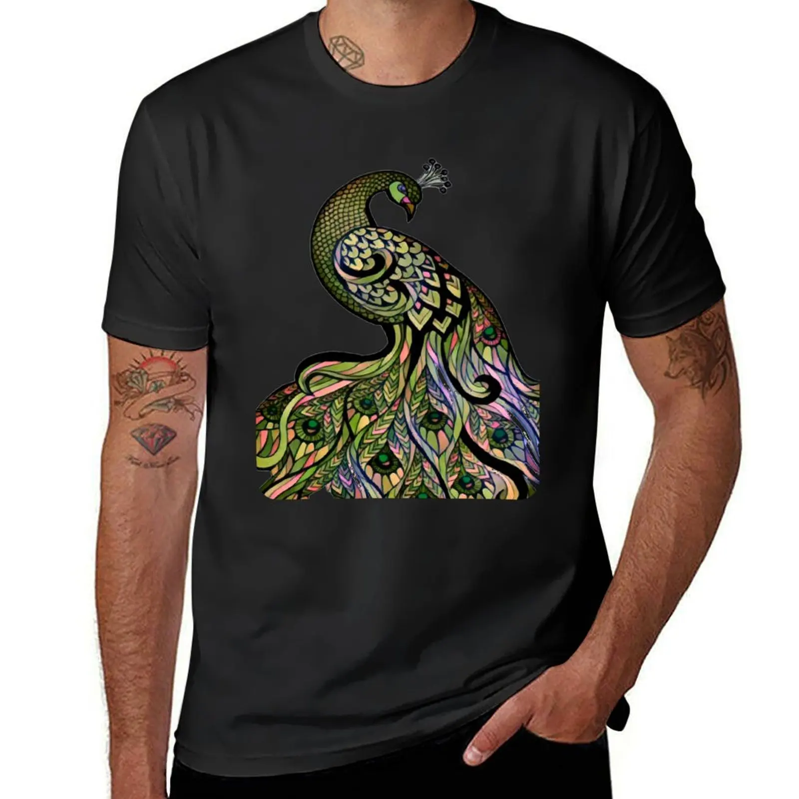 Elegant Green Peacock Art T-Shirt blacks vintage clothes funny t shirts for men