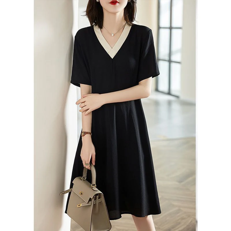 Summer V-neck Elegant Fashion Patchwork Knee Length Waist Dress Ladies Short Sleeve Temperament A-line Robe Women Casual Vestido