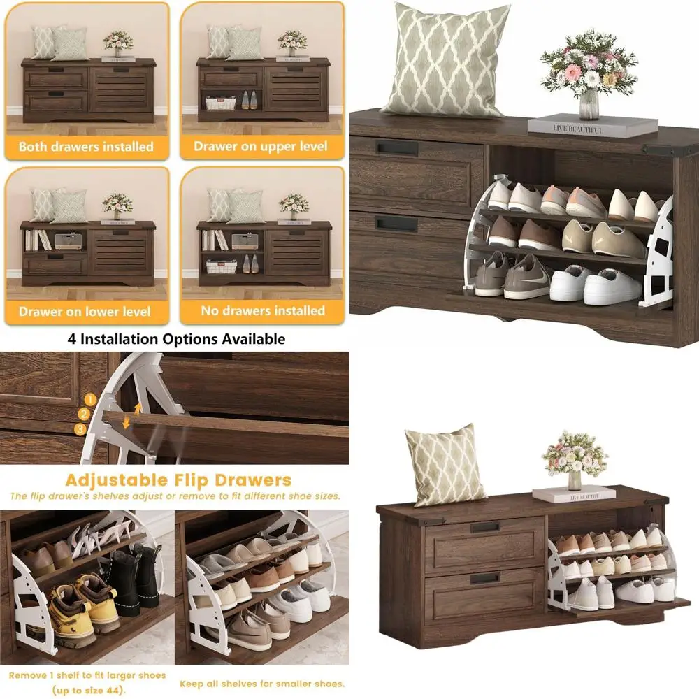 

Dark Walnut Entryway Shoe Storage Bench with Flip Door & Drawers for Living Room & Mudroom