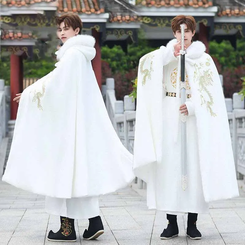 

Winter Hanfu Cape Men Christmas New Year Cloak Party Outfit Traditional Chinese Dragon Embroidery Plush Collar Hooded Cloak