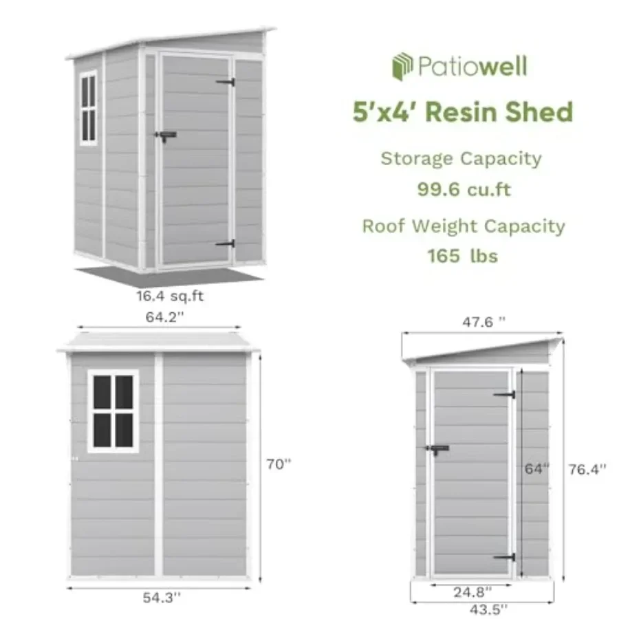 Outdoor storage shed for backyard use, plastic material, light gray color, includes floor and weather-resistant design