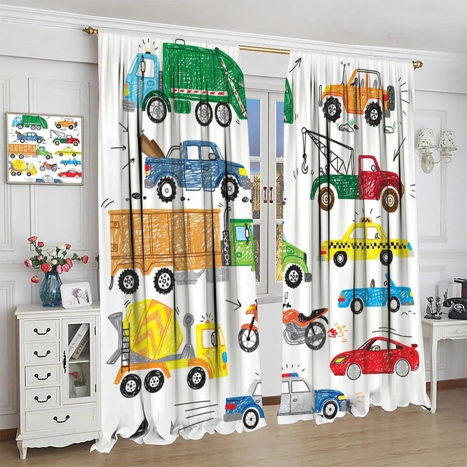Kids Graffiti Cartoon Car Curtains Racing Engineering Motorcycle Blackout Window Treatments  Kids Girls Toddler Bedroom Window