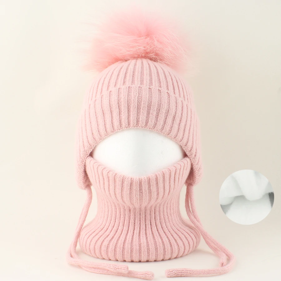 Winter-Wollmütze mit Nackenschutz 2-teiliges Set Echte Fuchsfell-Mütze für Kinder Jungen Mädchen Dicke Fleece Warme Gestrickte Gestreifte Ohrenklappe Baby Skullies Mütze – Detail 15
