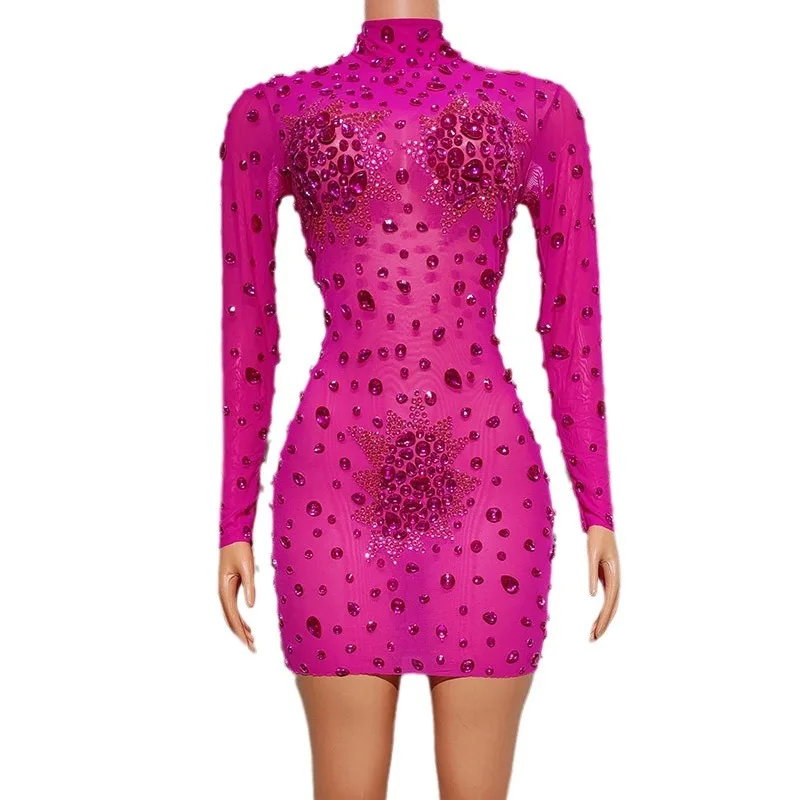 

Birthday Clothing Diamond Long Dress Performance Clothing Purple Full Diamond Slim Short Dress Model Walk Show Classmate Reunion