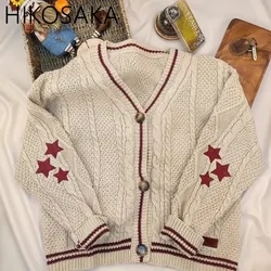 V-neck Single Breasted Long Sleeve Cardigan Sweaters Star Embroidery Harajuku Vintage Knitwear 2024 New Autumn Winter Jumpers