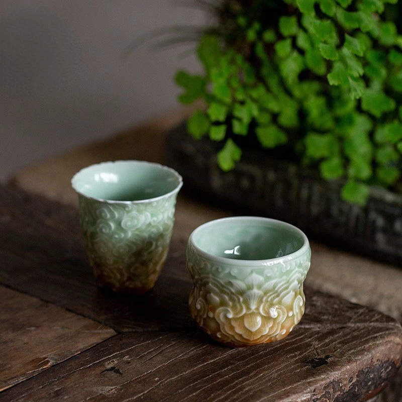 Celadon Gradual Master Cup Handmade Relief Large Tea Cup Single Ceramic Cup Household Tea Cup Kung Fu Tea Set