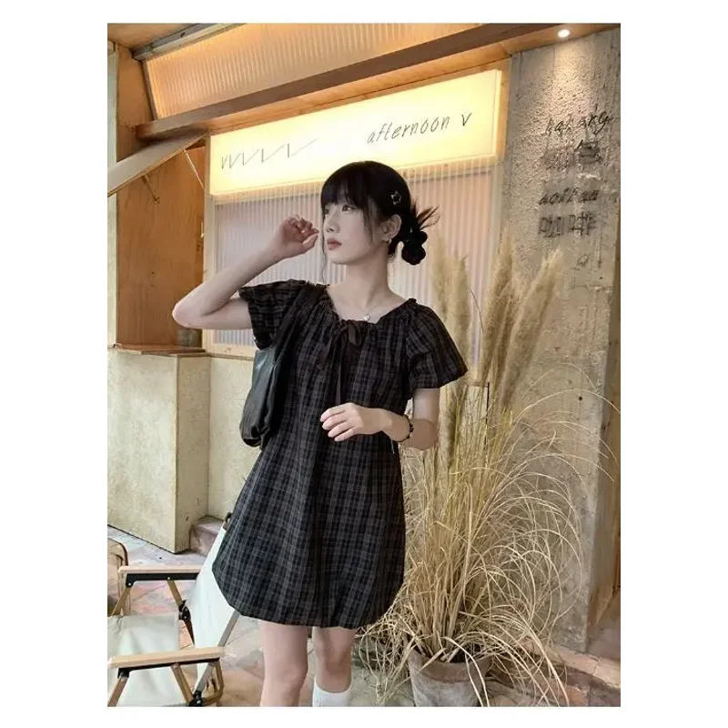 Nette Plaid Knospe Kleid Frauen 2025, Sommer Puff Sleeve Rundhals Krawatte Chic Kurze Kleider Japanischen Retro Süße Y2k Vestidos