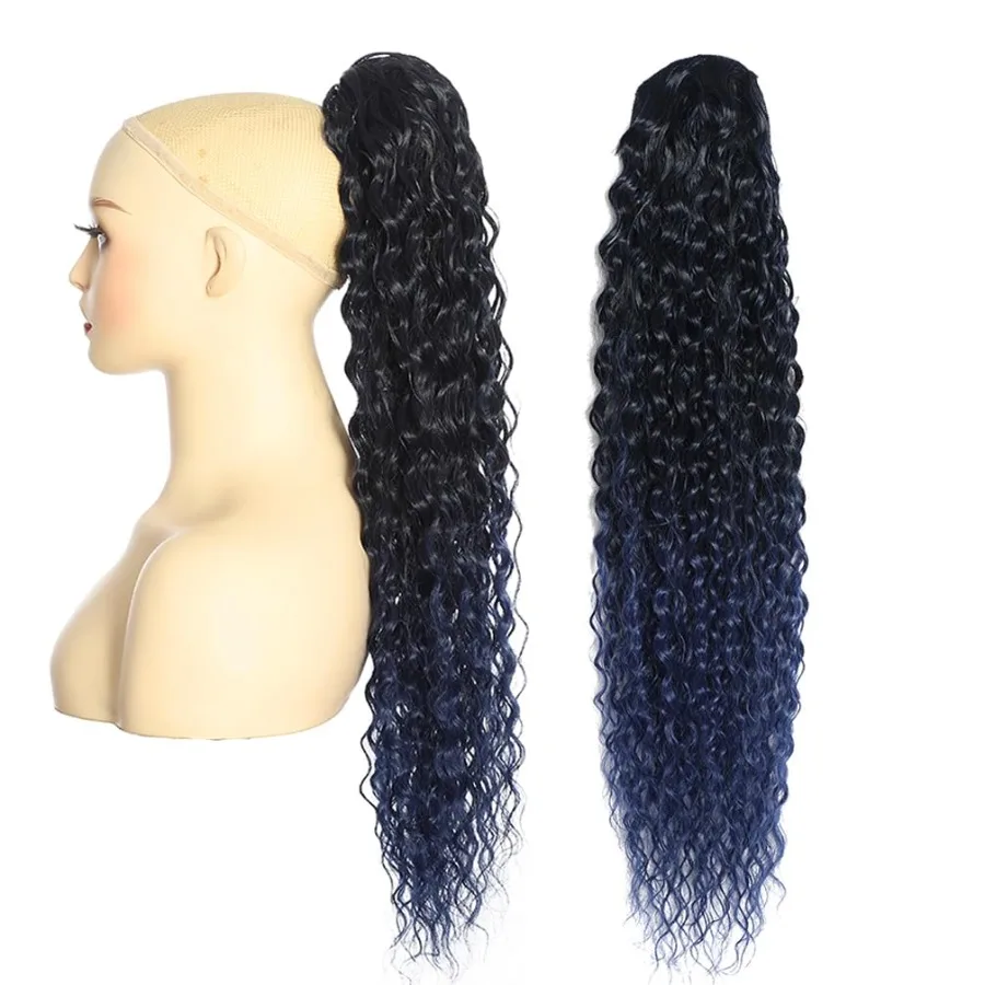 女性用ディープウェーブポニーテールエクステンション-24インチ-ブラックからダークブルー-カールウェーブポニーテールヘアエクステンション-ドローストリングとクリップ付き
