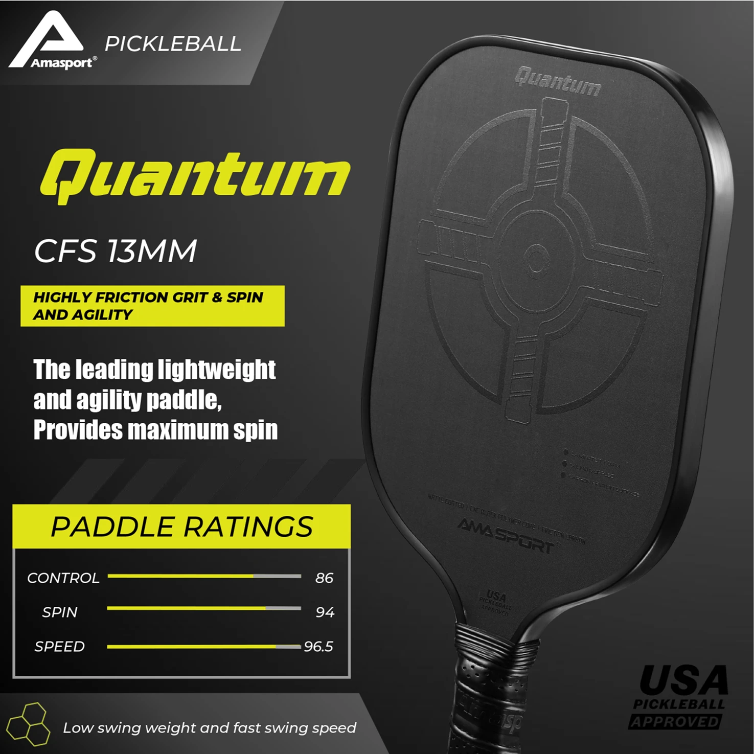 

AMASPORT Quantum Pickleball Paddle Racket Carbon Fiber Friction Surface Lightweight USAPA Approved