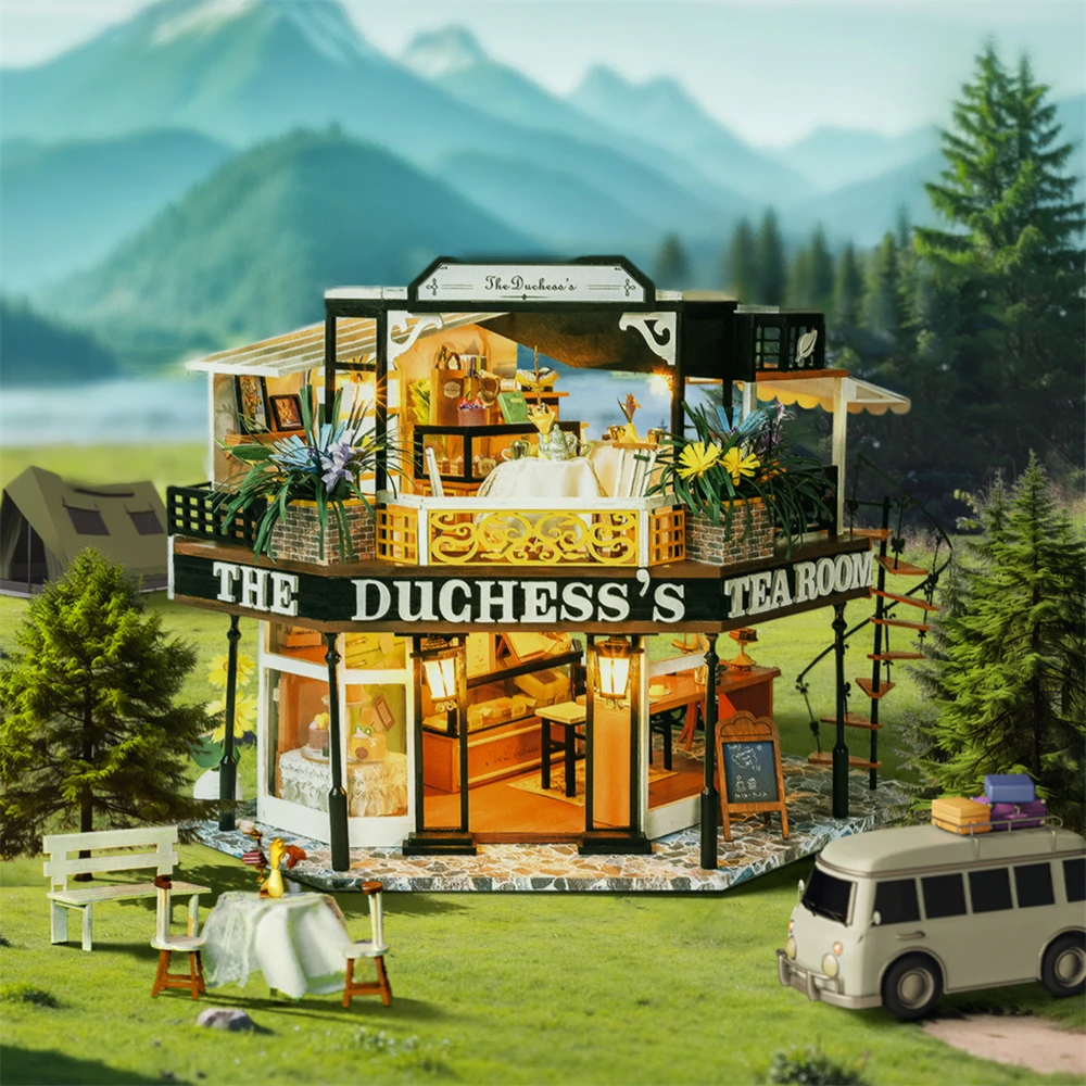 NEW The Duchess's Tea Room DIY Wooden House Miniature Kits With Furniture LED Lights Home Decoration For Adult Handmade Gifts