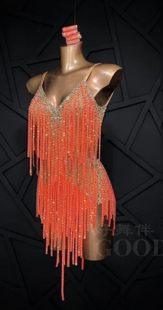 

Платье для латинских танцев для взрослых, без рукавов, сальса, румба, самба, платье-хлопушка с боди, бюстгальтер на бретельках с бахромой и бусинами оранжевого цвета