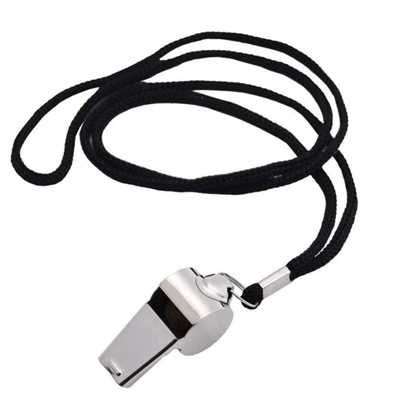 1Pc Stainless Steel Whistle With Black Lanyard Rope For Outdoor Sports 4.6*1.8*2.1cm