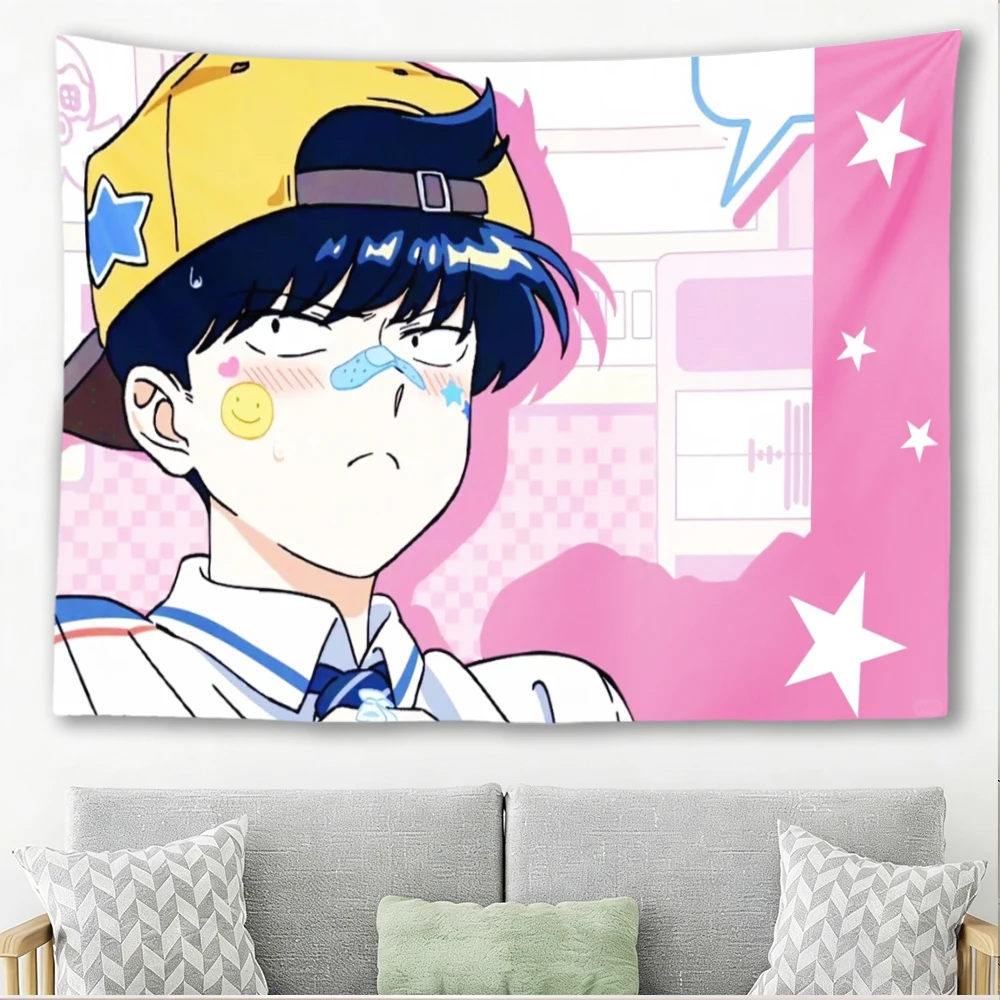 Y2K Kawaii Anime Boy Yellow Cap Bandage Face Pastel Pink White Star Tapestry Cute Manga Style Wall Hanging For Teen Bedroom Dorm