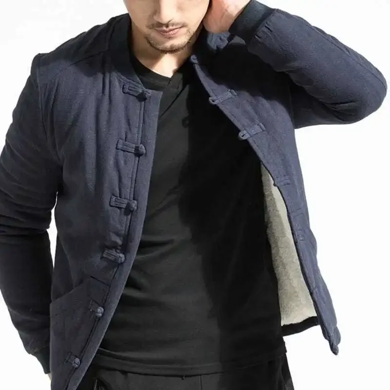 Tang Style Retro Buckle Winter Velvet Cotton and Linen Jacket Chinese Style Men's Casual Vintage Hanfu Cotton-padded Coats Men