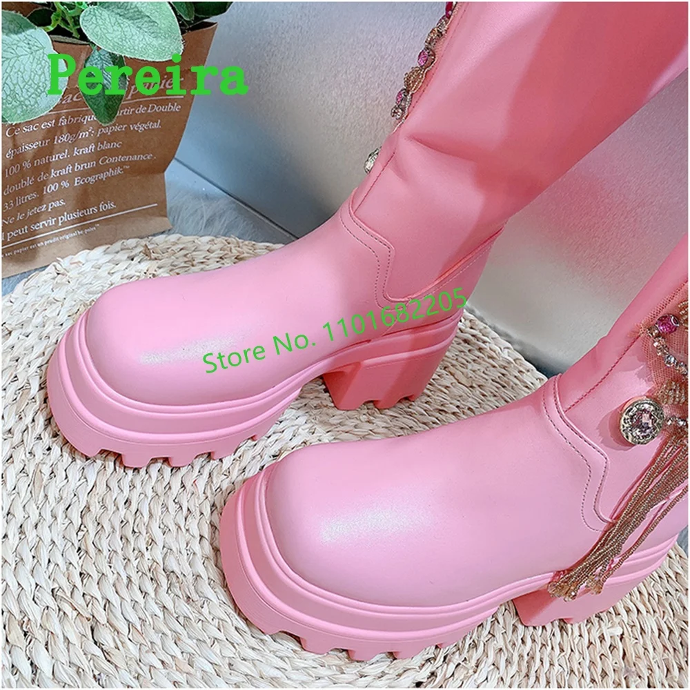 Pink Rhinestone Chain Boots Women's New Arrival Winter Solid Leather Round Toe Plarform Fashion Sweet Shoes For Footwear