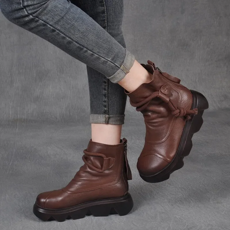 

New Women's Short Boots Casual Shoes High Top Leather Cowboy Boots Round Toe Lace-up Platform Ankle Boots