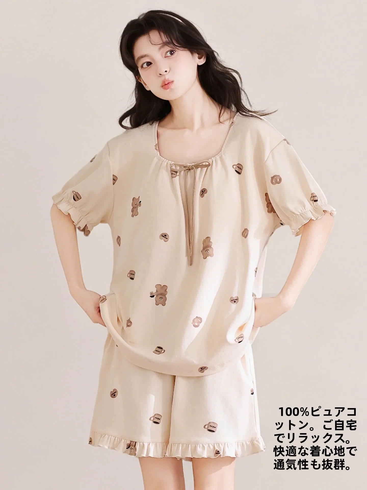 純綿夏用寝間着女性の軽量半袖ホーム服セット快適で通気性のある漫画スタイルのホーム服