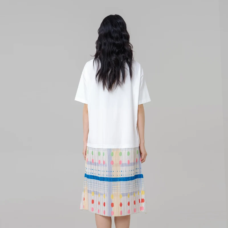MOVEUP Crew Neck Knit Dress Summer Colorful Polka Dot Plaid Pleated Patchwork Hem Dress Patch Pocket Casual Midi Dress 3ELX11301