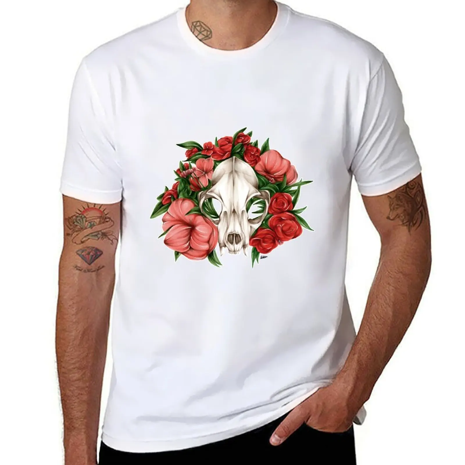 

Bobcat Skull with Flowers T-Shirt man t shirt cotton high quality man tshirt man t shirt graphic T-shirt