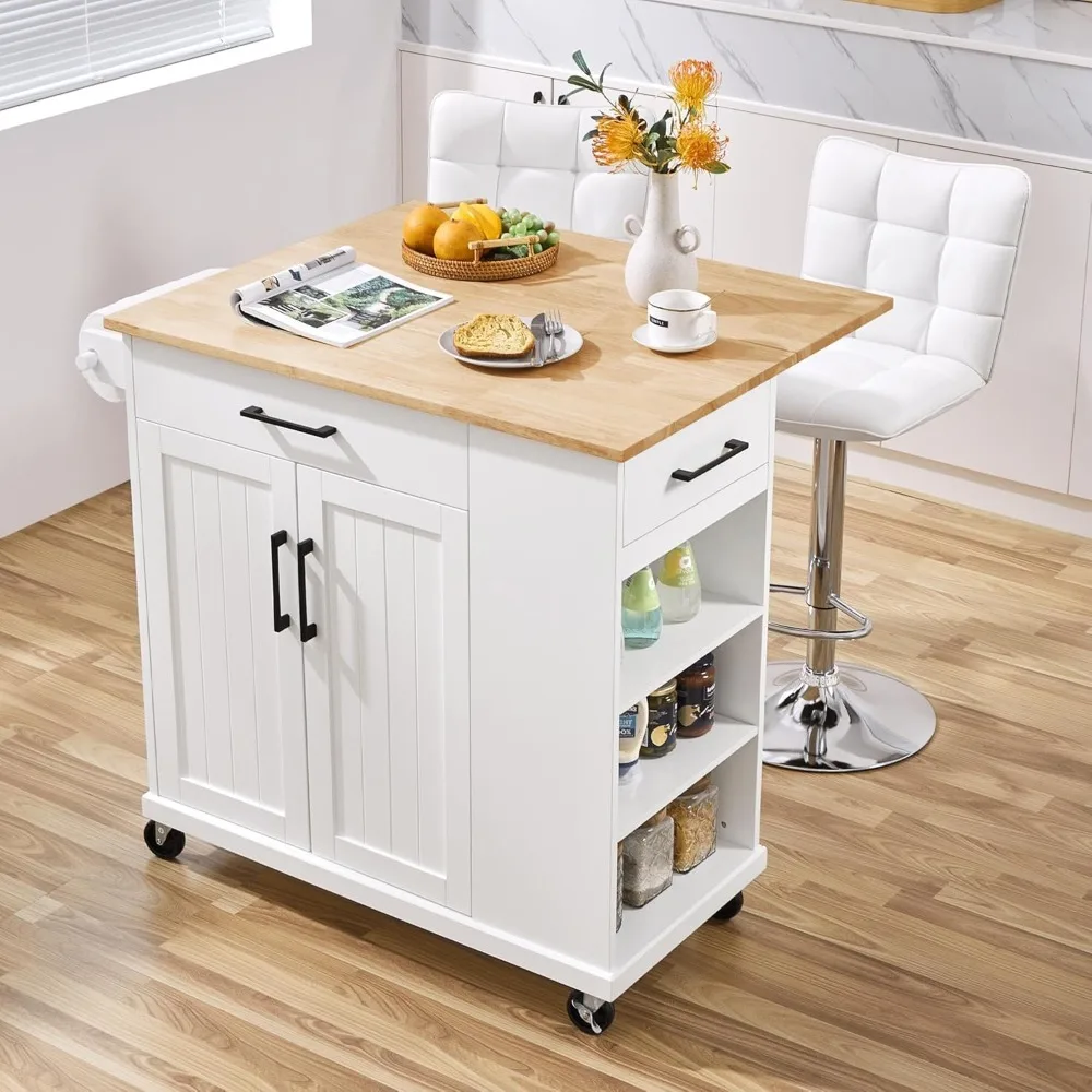 عربة جزيرة المطبخ المتدحرجة مع أوراق متدلية، وبار إفطار من الخشب المطاطي المحمول مع خزانة تخزين، وأرفف مفتوحة #1
