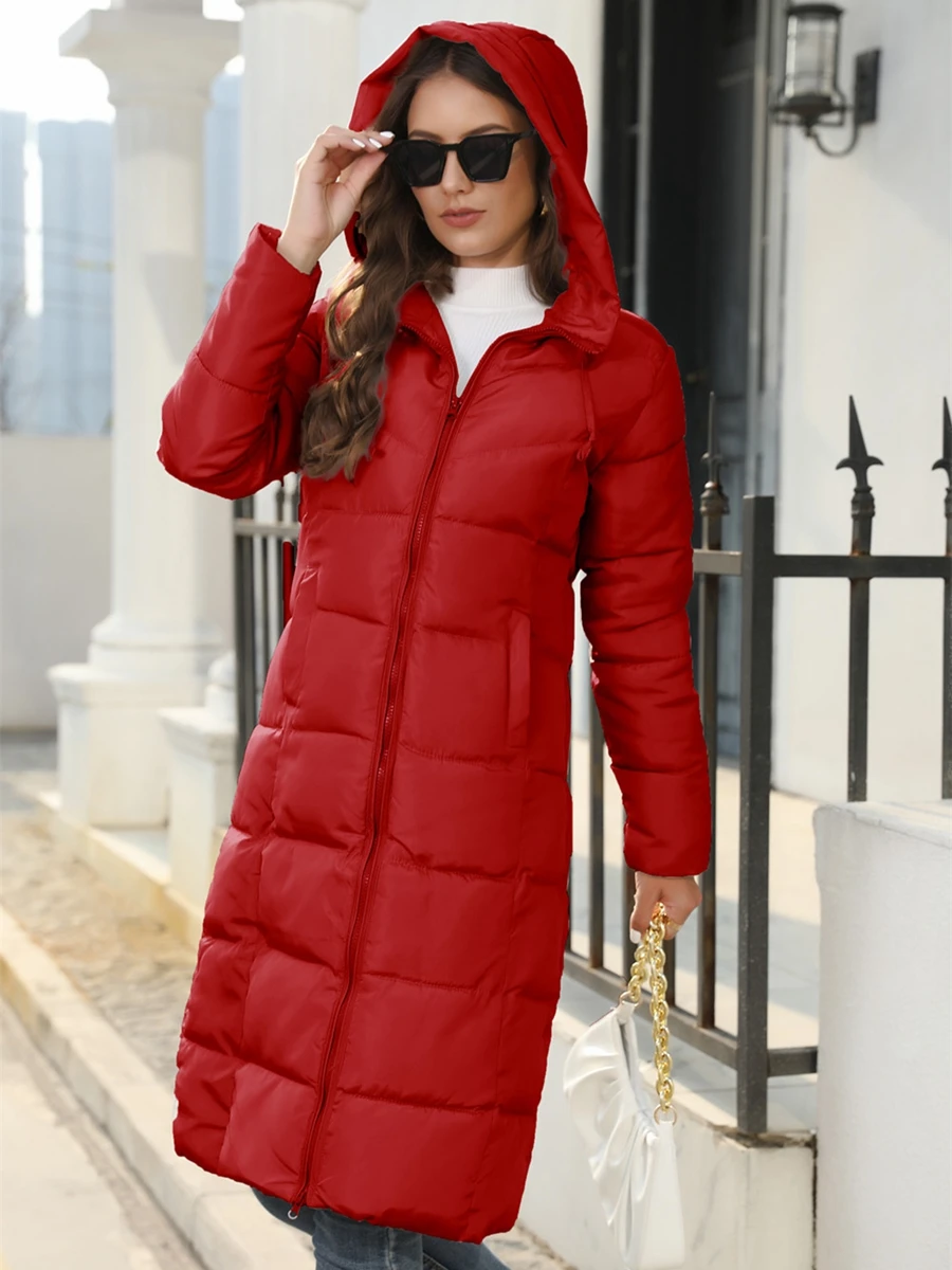 Women\'S Long Slim Fit Warm Cotton Jacket  Long Down Jacket  Winter Warm Quilted Coat Long Sleeved With Hood Zipper Jacket