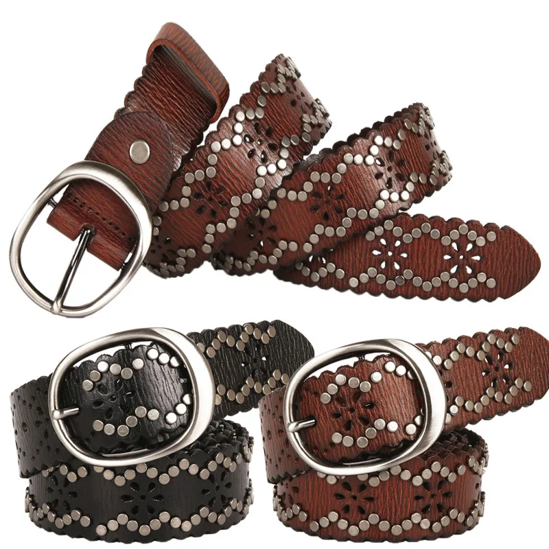 

sweet style personalized rivet belt women's cowhide hollow genuine leather belt waist belts for women