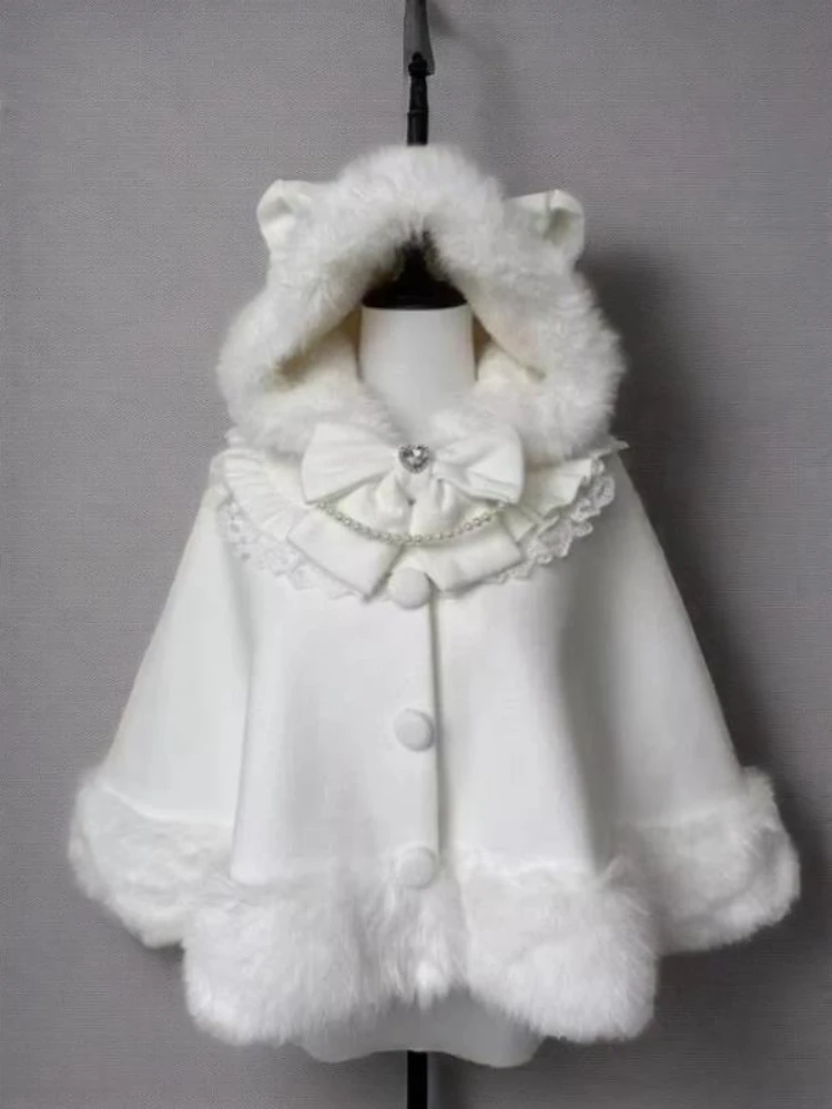 Japanese Lolita Shawl Overcoat Women Kawaii Design Sweet Princess Bow Fur Collar Coat Winter New Chic Patchwork Loose Warm Coat