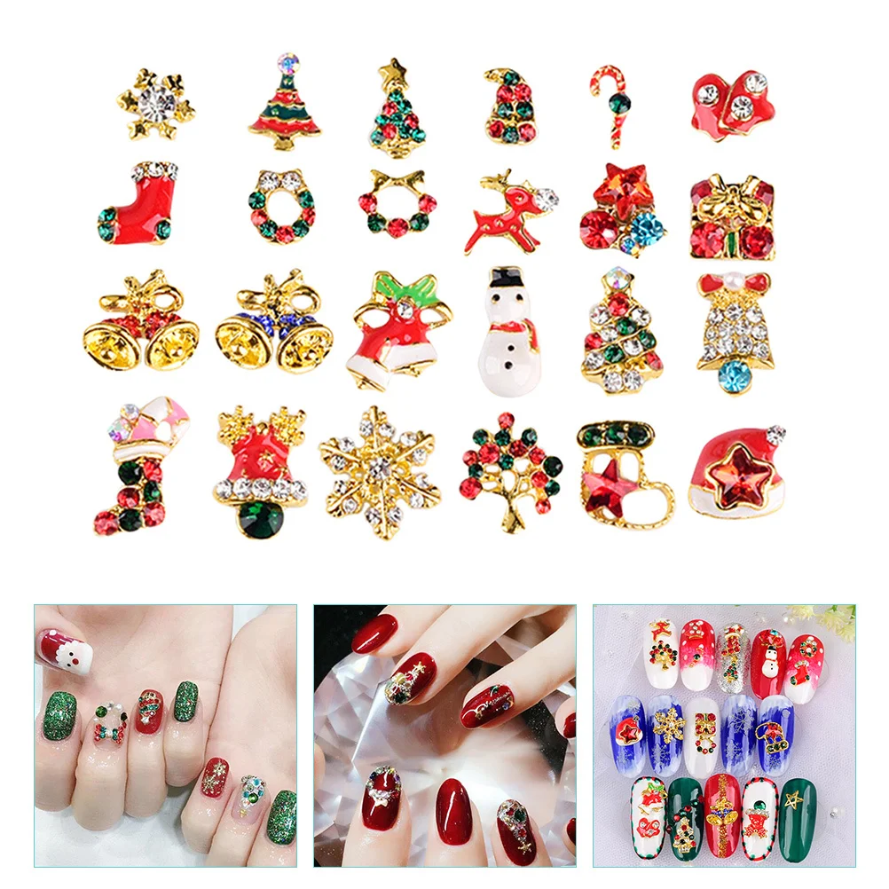 

WOFASHPURET 24Pcs Christmas Nail Stickers Xmas Manicure Decor Rhinestones Party Favors Alloy Charms Decals Art