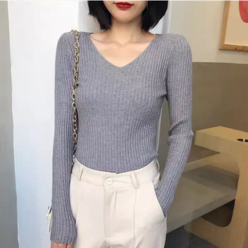 

Knitted Sweater Women Pullovers New Long Sleeve V-Neck White Black Knit Sweater Pullover Women Tops Sweaters Women Clothing Q750