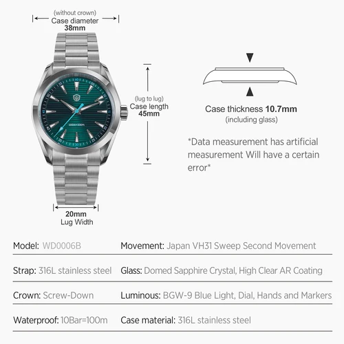 Imagen 2 del producto Watchdives WD0006 reloj VH31 barrido segundo movimiento cristal de zafiro BGW9 luminoso 10Bar impermeable 38mm relojes Vintage