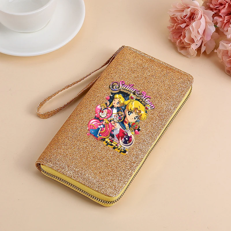 Sailored Moon Vrouwen Lange Portemonnee Kaarthouder Grote Capaciteit Rits Portemonnee Multi Card Organizer Mobiele Telefoon Polsbandje Handtas