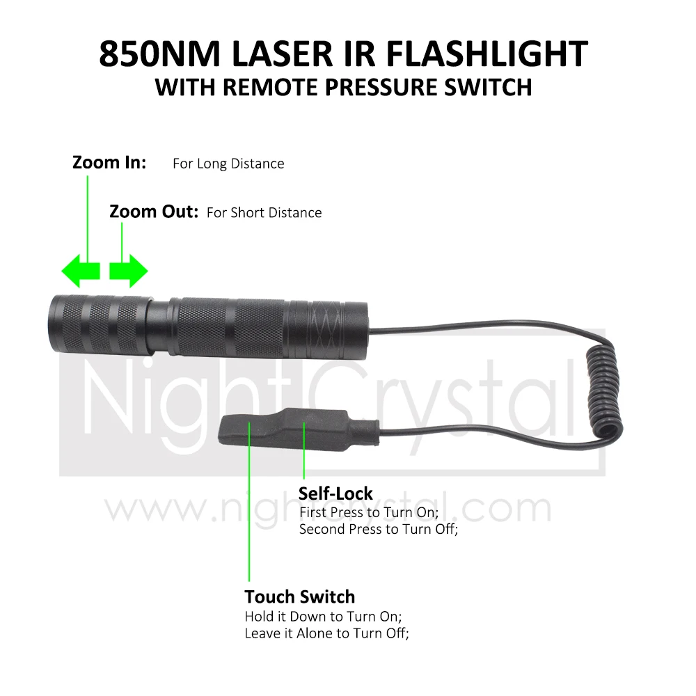 Night Vision Infrared IR Flashlight with Remote Pressure Switch 940nm/850nm Tactical Hunting Light Assistance Focus Up to 400m