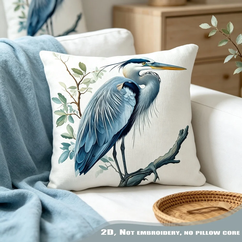 1PC Great Blue Heron Audubon Bird Pillow CoverPolyester Cushion Case for Sofa Couch Living Room Bedroom Home Decor