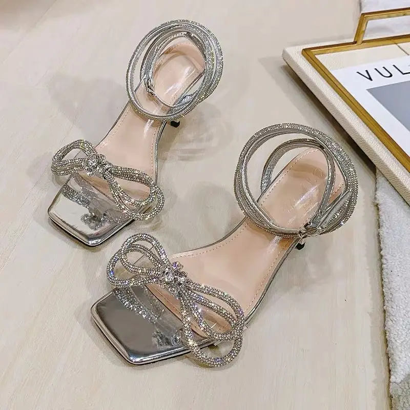 Summer Fashion Crystal Women Sandals Luxury Rhinestones Bowknot Wedding Shoes High Heels Sandals Party Prom Shoes 34-40