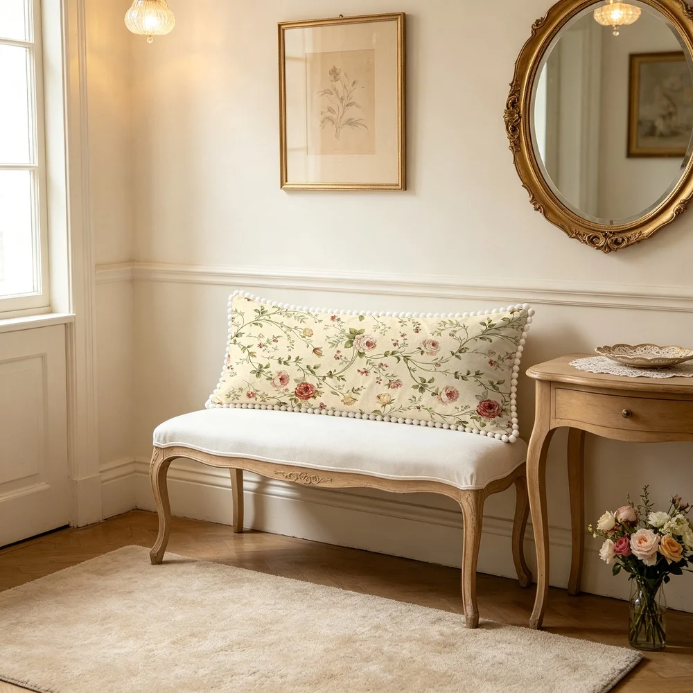 1PC Cream Background with Pink White Roses and Vine Branches, English Country Floral Long Pillow Cover with Pom Pom Trim