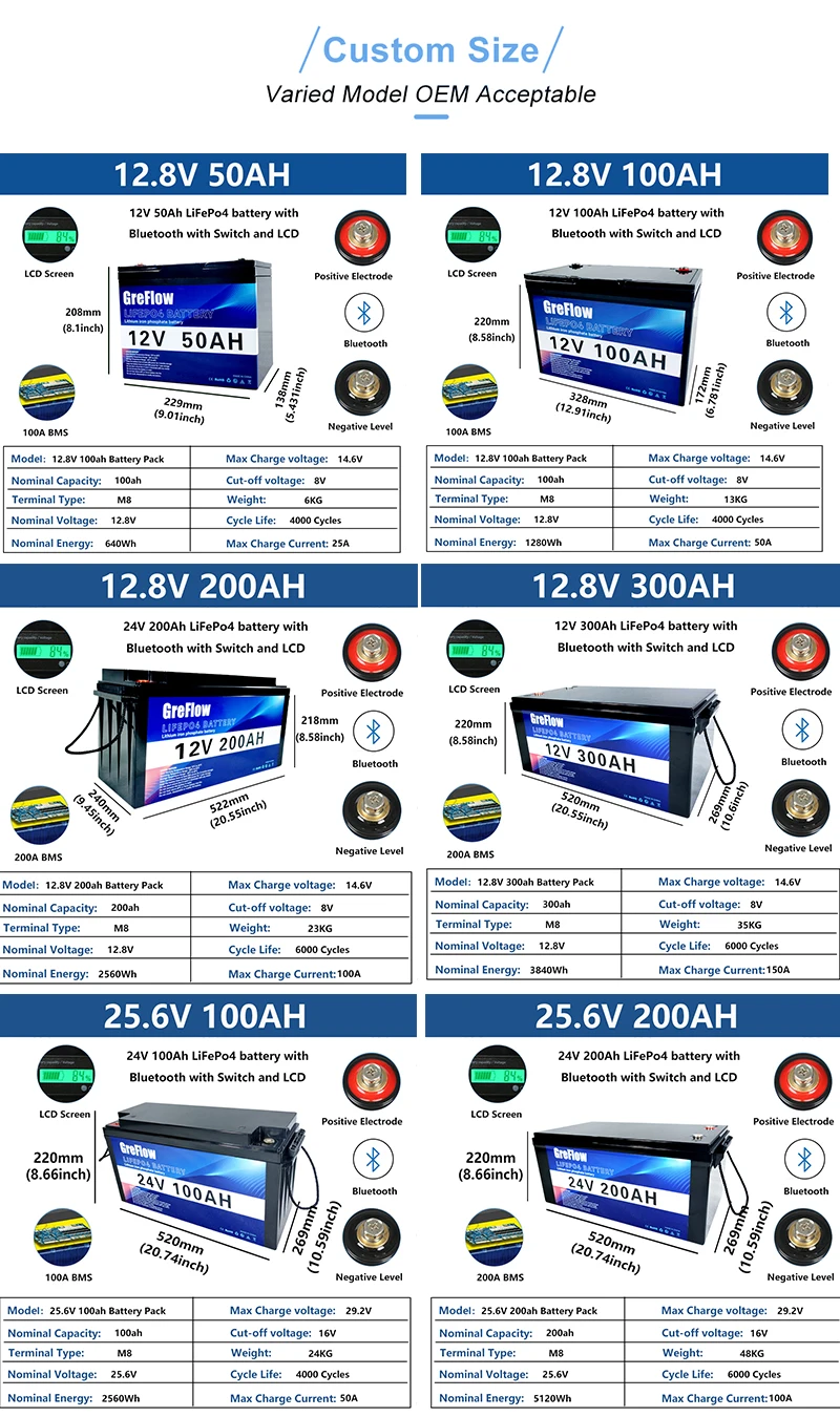 Grade A LiFePo4 Battery 12V/24v lithium battery Rechargeable Lithium Batteries for RV Golf Cart Boat Solar System 24v Free tax