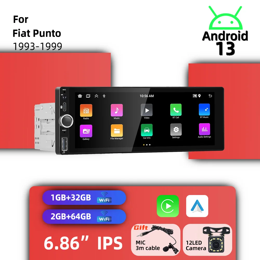 

Автомобильный мультимедийный головной блок 6,86 дюйма 1 Din для Fiat Punto 1993-1999 гг. | Система Android Carplay Android Auto GPS