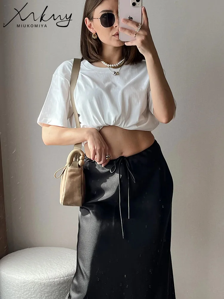 High Waist Long Satin Skirts For Women Spring 2024 Black High Quality Women\'s Drawstring Gray Satin Long Skirt Mermaid Beige