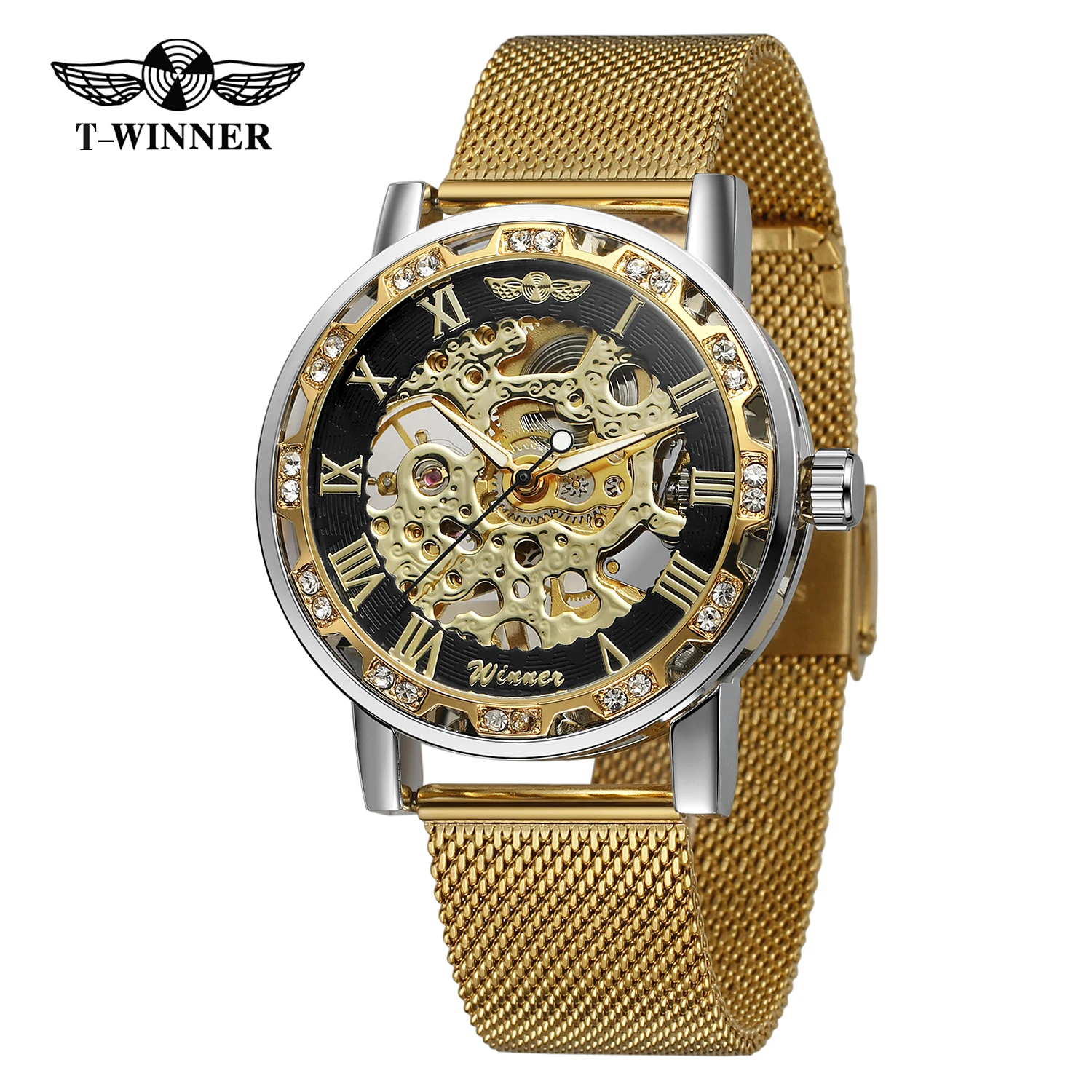 

T-WINNER Классические мужские часы с римскими цифрами, механические светящиеся указатели со скелетом и сетчатым ремешком со стразами, мужские наручные часы