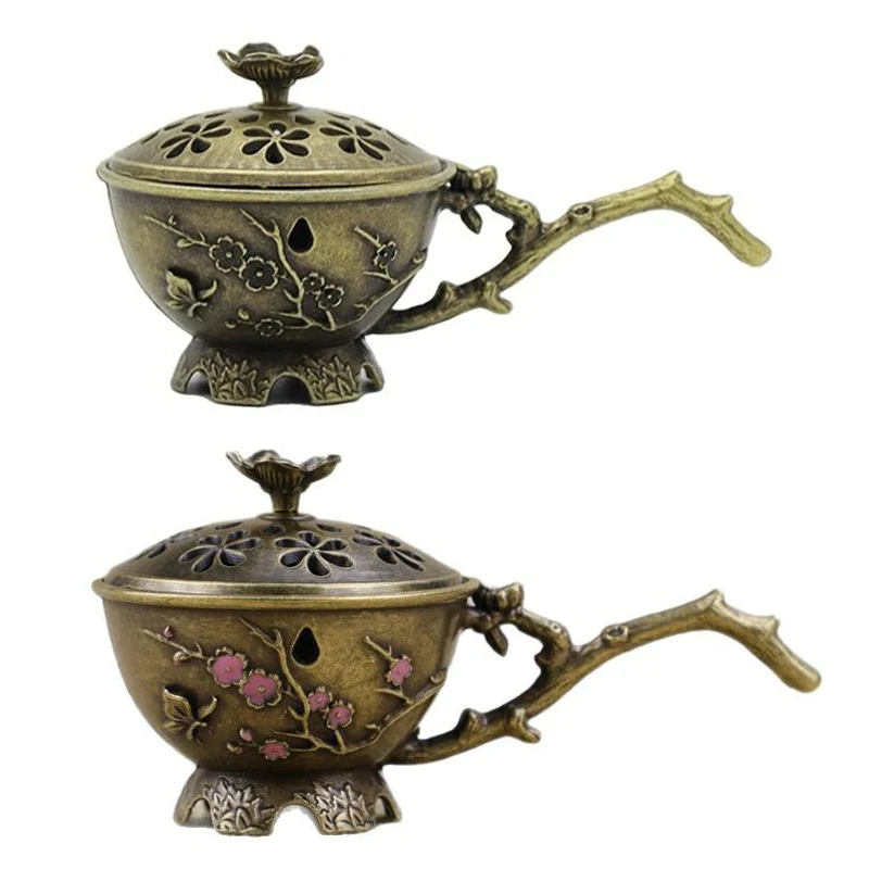 Retro Plum Blossom Incense Burner With Handle Retro Plum Hollow Out Incense Stick Burner Zinc Alloy Small Craft Home Decor