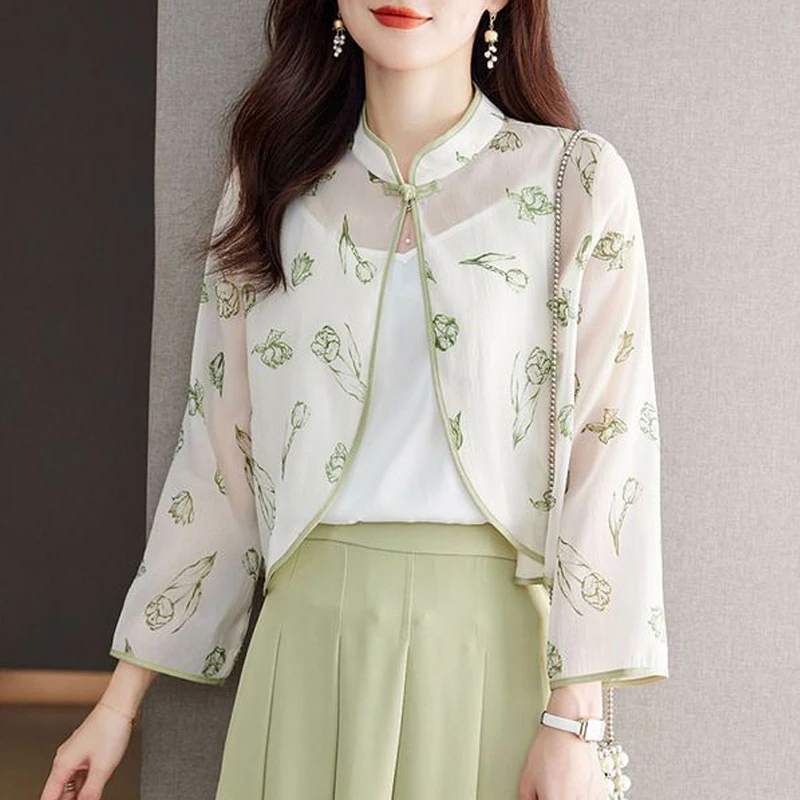 2024 Summer Women Vintage Chinese Style Cardigan Shirt Fashion Print Chiffon Sunscreen Shawl Elegant Chic Long Sleeve Loose Tops