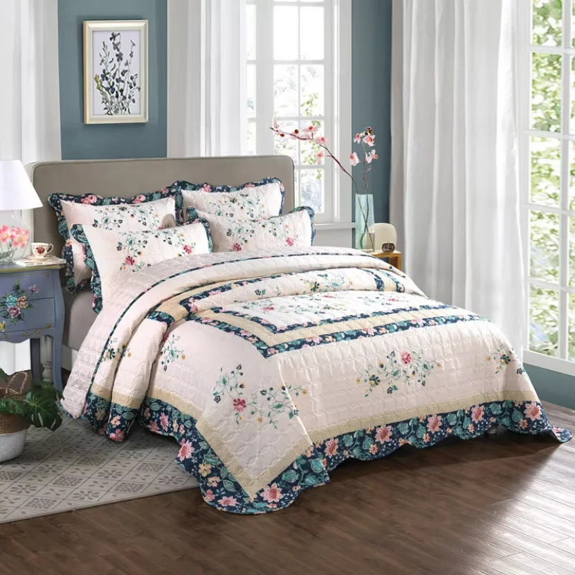 Floral Cotton Quilt Set, Quilting Bedspread on Bed, Embroidery Bed Cover Queen Size, Quilted Blanket Comforter, Bedding Set 3PCs
