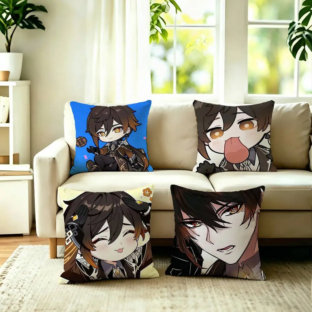 

Game Genshin Impact ZhongLi Square Double-Sided printed Pillow Case Bedroom Bedside Pillow Sofa Cushion Cover