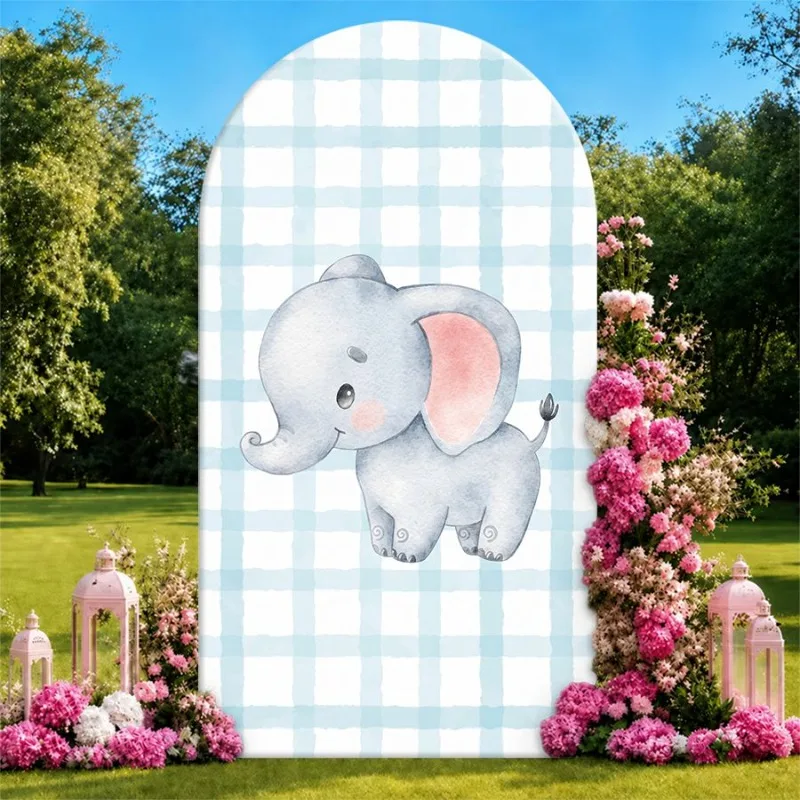 

Single Side Arch Backdrop Cover Elegant Blue Gingham Elephant Backdrop for Party Decorations Featuring a Charming Gray Baby