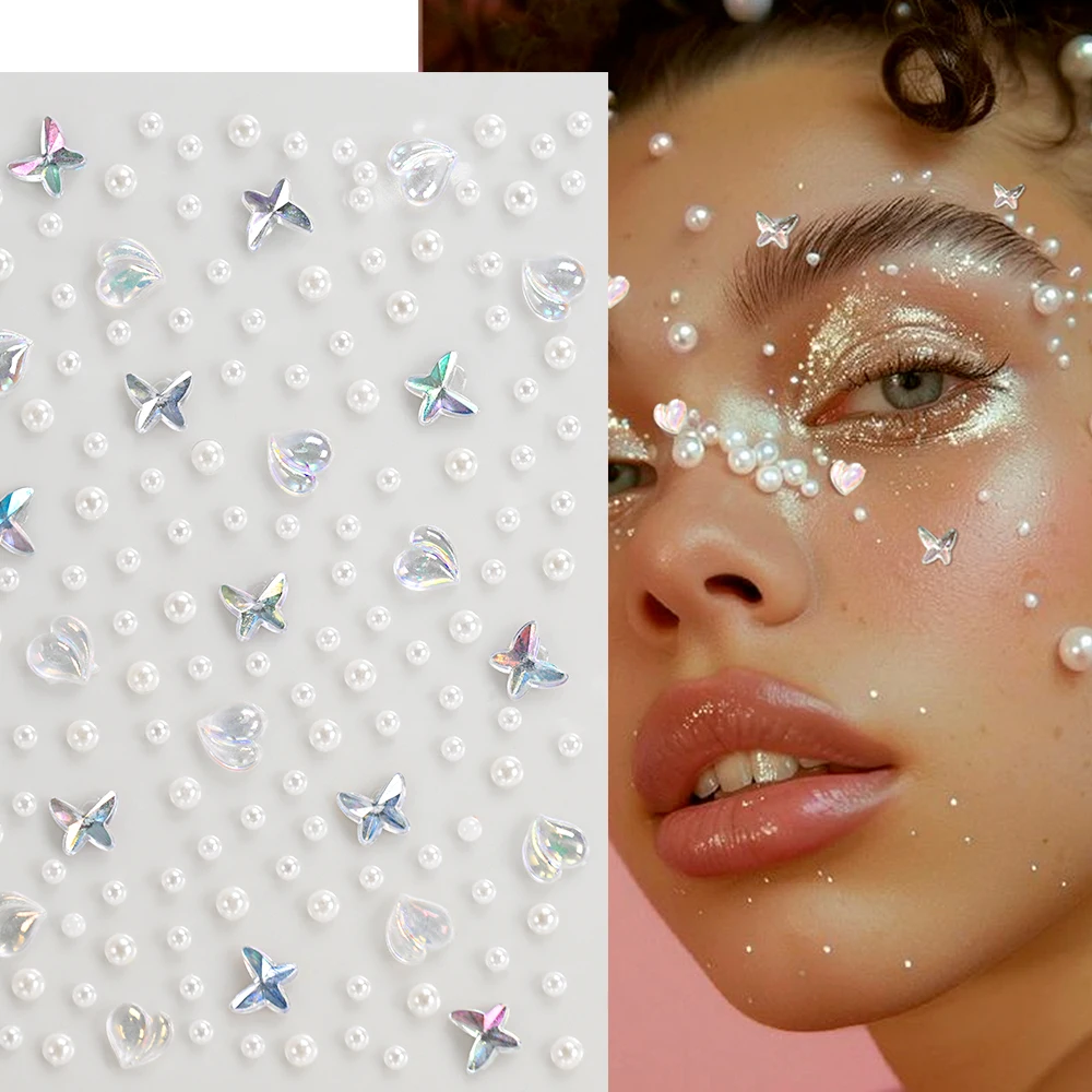 1Sheet 3D Simulation Pearl Butterfly Heart Jewel Temporary Tattoo Rhinestone Sticker for Festival DIY Face Eye Body Decor 12*8cm
