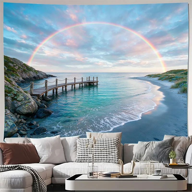 Coastal Ocean Curtain Rainbow Window Decor Printed Sky Nature Light Filtering Home Drapery Panel
