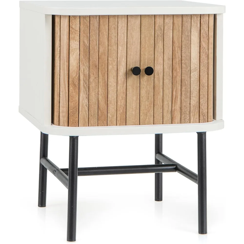 

Mid-Century Modern Nightstand, Wood Bedside Table with Sliding Doors and 4 Metal Legs, Side Table with Storage Cabinet, Compact