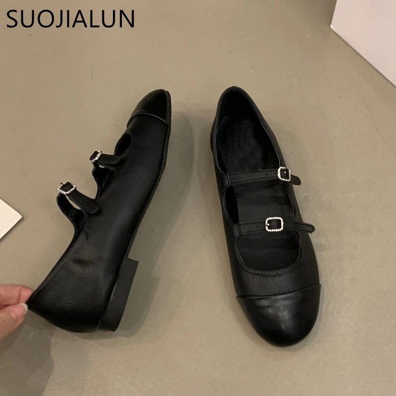 SUOJIALUN New Brand Women Flat Shoes Fashion Mix Color Ladies Elegant Gold Ballet Shoes Round Toe Shallow Dress Mary Jane Shoes