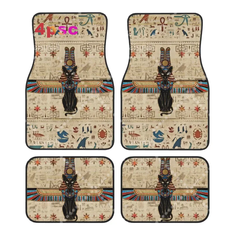 4PCS Crystal Velvet Car Floor Mats Hieroglyphics Egyptian Cat Bastet Anti Slip Car Universal Auto Front And Rear Foot Mats
